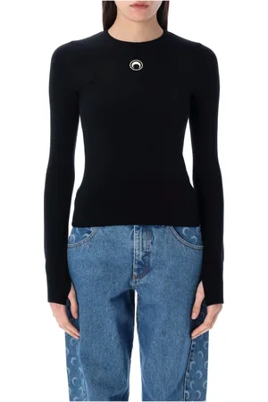 Marine Serre Femme, Pulls, Noir, Taille: 38 FR Pull Ajusté en Tricot avec Logo Lune