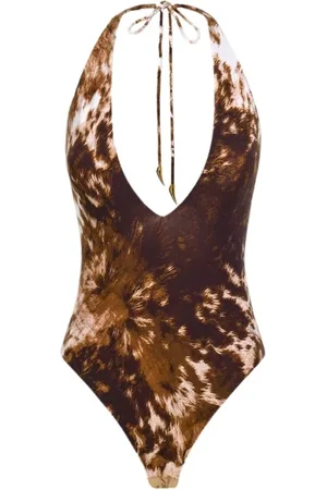 Roberto Cavalli Femme, Tops, Brun, Taille: 40 FR Body à Col Halter Imprimé Appaloosa