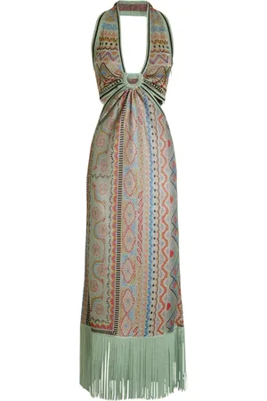 Etro Femme, Robes, Vert, Taille: 38 FR Robe à franges et dos nu à imprimé cachemire vert