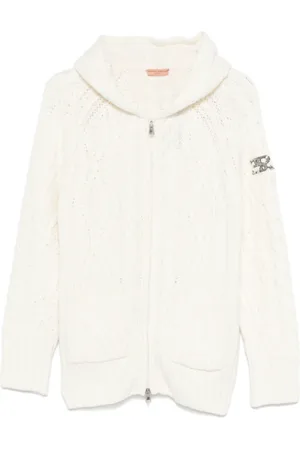 ERMANNO SCERVINO Femme, Pulls, Blanc, Taille: 38 FR Veste à Capuche Classique en Maille Torsadée