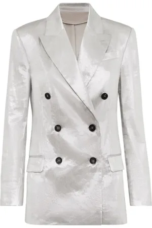 Brunello Cucinelli Femme, Vestes, Gris, Taille: 38 FR Blazer Métallisé en Lin Mélangé