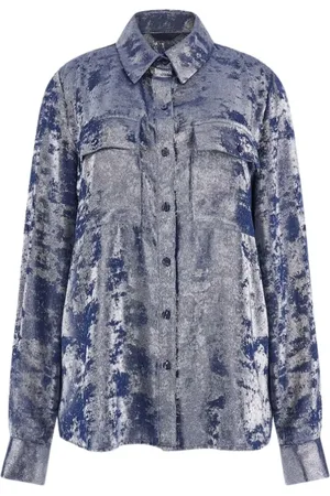 Guess Femme, Blouses et Chemises, Bleu, Taille: 38 FR Chemise Effet Métallisé