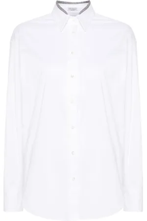 Brunello Cucinelli Femme, Blouses et Chemises, Blanc, Taille: 42 FR Chemise Popeline Double Col Monille