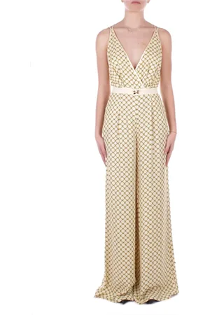 Elisabetta Franchi Femme, Combinaisons et Ensembles, Jaune, Taille: 42 FR Pantalon à Fermeture Éclair et Logo Frontal