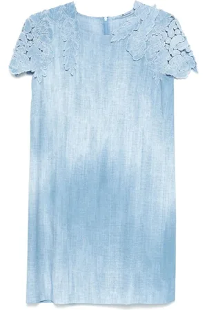 ERMANNO SCERVINO Femme, Robes, Bleu, Taille: 42 FR Robe Courte en Dentelle Florale Bleue à Manches Courtes