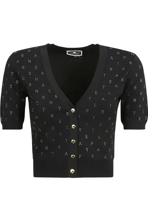 Elisabetta Franchi Femme, Pulls, Noir, Taille: 42 FR Cardigan Court en Viscose avec Lettrage Strass