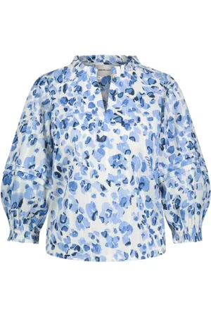 Fabienne Chapot Femme, Blouses et Chemises, Bleu, Taille: 40 FR Chemisier à Volants Imprimé Blanc et Bleu