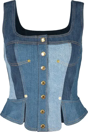Marine Serre Femme, Tops, Bleu, Taille: 38 FR Top Corset en Denim avec Détails Découpés