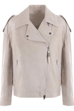 Brunello Cucinelli Femme, Vestes, Gris, Taille: 36 FR Veste de motard en daim glacé