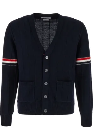 Thom Browne Homme, Pulls, Bleu, Taille: L Cardigan à Col en V et Bandes de Bras