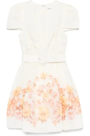 By Malina Femme, Robes, Multicolore, Taille: 38 FR Robe Beige à Imprimé Floral avec Ceinture