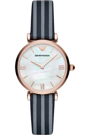 Emporio Armani Femme, Accessoires, Noir, Taille: ONE Size Montre en acier inoxydable avec cadran en nacre et bracelet en cuir bleu
