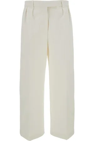 Thom Browne Femme, Pantalons, Blanc, Taille: 36 FR Pantalon Ample Plissé en Twill de Coton Coupe Décontractée