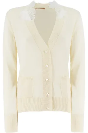 ERMANNO SCERVINO Femme, Pulls, Blanc, Taille: 38 FR Cardigan Col en V avec Appliqués de Dentelle