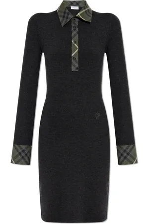 Burberry Femme, Robes, Noir, Taille: 38 FR Robe Midi Ajustée en Laine avec Garniture à Motifs