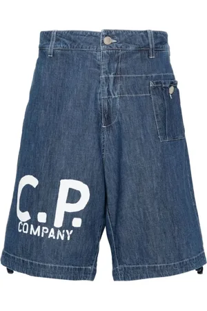 C.P. Company Homme, Shorts, Bleu, Taille: L Short Bleu en Denim avec Logo Imprimé et Cordon de Serrage