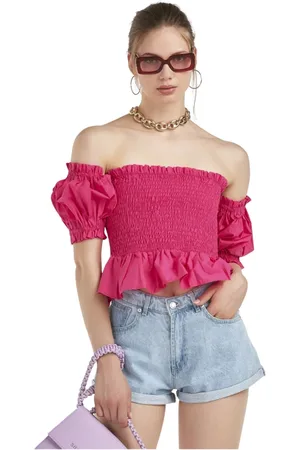 Silvian Heach Femme, Blouses et Chemises, Rose, Taille: 36 FR Haut à Volants Dénudant les Épaules