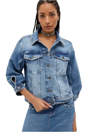 Liu Jo Femme, Vestes, Bleu, Taille: 38 FR Veste en jean cloutée à manches 3/4
