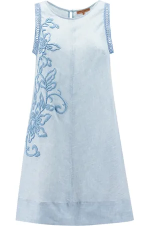 ERMANNO SCERVINO Femme, Robes, Bleu, Taille: 40 FR Robe Courte en Ramie avec Broderie Florale