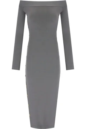 Elisabetta Franchi Femme, Robes, Gris, Taille: 36 FR Robe Midi Tricotée Acier avec Boutons Dorés