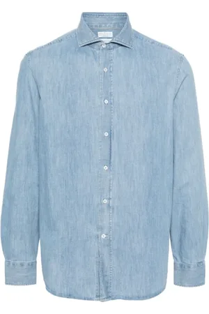 Brunello Cucinelli Homme, Chemises, Bleu, Taille: M Chemise en denim bleu clair à col italien