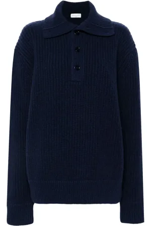 DRIES VAN NOTEN Homme, Pulls, Bleu, Taille: L Pull en maille côtelée à col ouvert