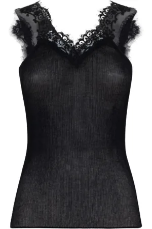Blugirl Femme, Tops, Noir, Taille: 40 FR Haut Noir en Dentelle Col en V Côtelé