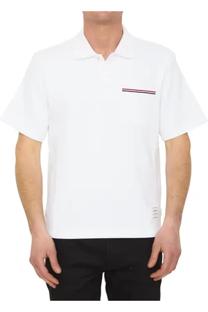 Thom Browne Homme, Tops, Blanc, Taille: XL Polo à Poche Manches Courtes en Coton Interlock