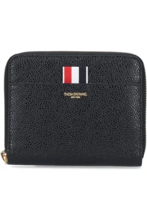 Thom Browne Femme, Accessoires, Noir, Taille: ONE Size Portefeuille demi-rond zippé en cuir grainé à trois bandes