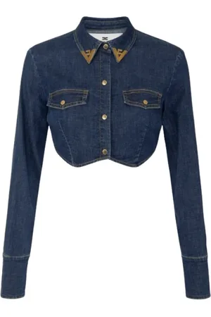 Elisabetta Franchi Femme, Blouses et Chemises, Bleu, Taille: 42 FR Chemise Courte en Denim Bleu avec Détails Bijoux
