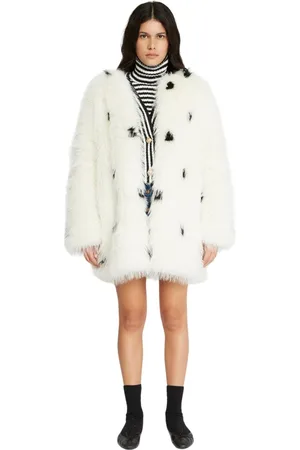 Silvian Heach Femme, Vestes, Blanc, Taille: 38 FR Longue Veste en Fausse Fourrure Motif Contrasté