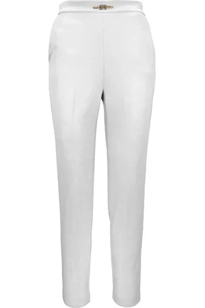 Elisabetta Franchi Femme, Pantalons, Blanc, Taille: 40 FR Pantalon à Fermeture Éclair et Crochet avec Détails Métalliques Dorés