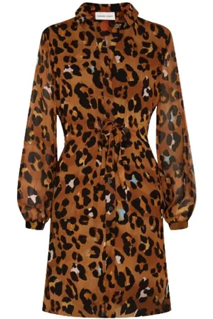 Fabienne Chapot Femme, Robes, Brun, Taille: 40 FR Robe Midi à Manches Longues et Imprimé Léopard