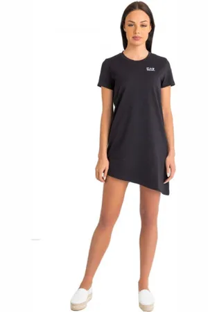EA7 Femme, Robes, Noir, Taille: 38 FR Robe Courte en Coton à Manches Courtes