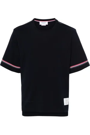 Thom Browne Homme, Tops, Bleu, Taille: XL T-shirt en coton à rayures bleues