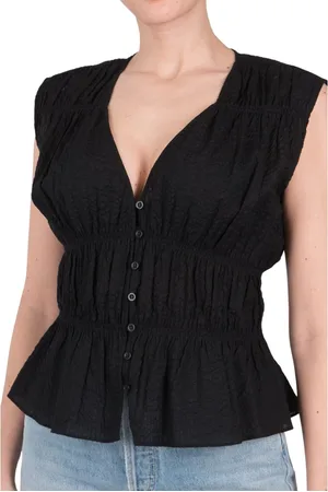 Frame Femme, Blouses et Chemises, Noir, Taille: 40 FR Blouse à Manches Courtes et Col en V Froncé