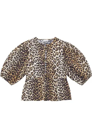 Ganni Femme, Blouses et Chemises, Brun, Taille: 36 FR Blouse en Coton Imprimé Léopard