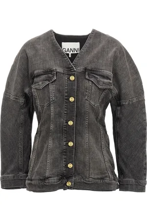 Ganni Femme, Vestes, Noir, Taille: 36 FR Veste Blazer en Denim Noir à Col V