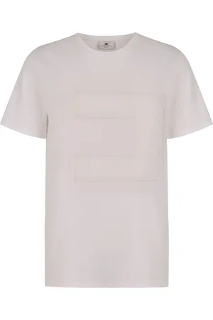 Elisabetta Franchi Femme, Tops, Blanc, Taille: 38 FR T-shirt côtelé à col rond avec inserts en dentelle