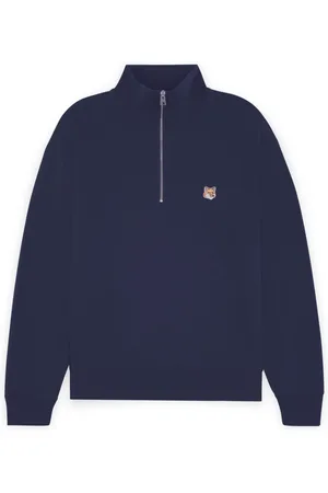 Maison Kitsuné Homme, Pulls, Bleu, Taille: S FOX Head Patch Comfort Half ZIP Sweatshirt
