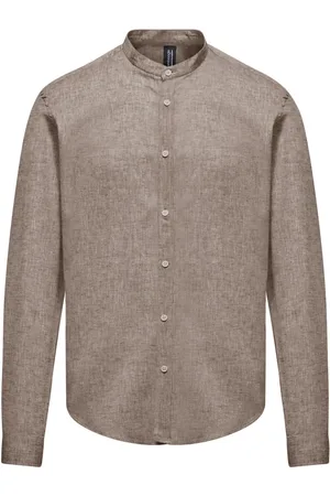 Bomboogie Homme, Chemises, Brun, Taille: 2XL Chemise en Lin/Coton à Col Mao