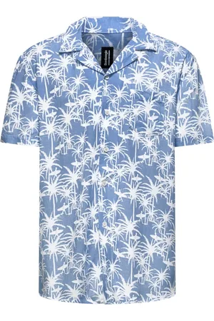 Bomboogie Homme, Chemises, Bleu, Taille: 2XL Chemise à Col Bowling Imprimé Palmiers