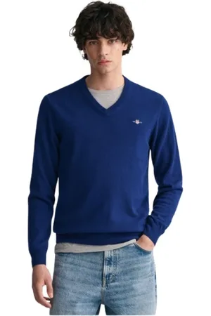 GANT Homme, Pulls, Bleu, Taille: L Pull Col V en Laine Mérinos Extra Fine