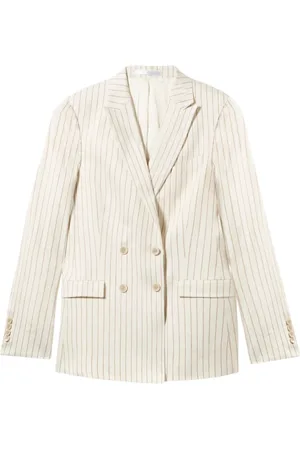 Brooks Brothers Femme, Vestes, Blanc, Taille: 42 FR Blazer à Double Boutonnage en Mélange de Lin à Rayures