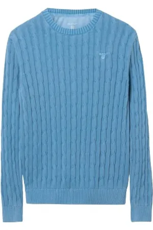 GANT Homme, Pulls, Bleu, Taille: L Pull Ras de Cou en Maille Câblée Délavé au Soleil