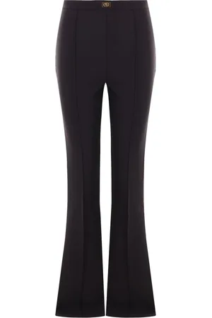 Elisabetta Franchi Femme, Pantalons, Noir, Taille: 36 FR Pantalon Évasé en Crêpe Noir avec Plaque Logo