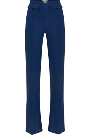Elisabetta Franchi Femme, Pantalons, Bleu, Taille: 38 FR Pantalon Bleu avec Détail en Métal Doré
