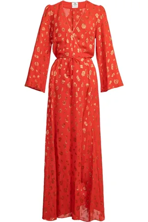 FORTE FORTE Femme, Robes, Rouge, Taille: 38 FR Robe Portefeuille Manches Longues avec Imprimé Doré