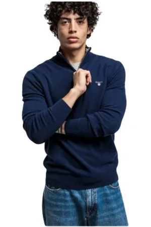 GANT Homme, Pulls, Bleu, Taille: S Pull Col Montant Demi-Zip en Laine Fine