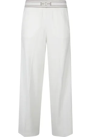 Elisabetta Franchi Femme, Pantalons, Blanc, Taille: 36 FR Pantalon Palazzo en maille avec point dentelle